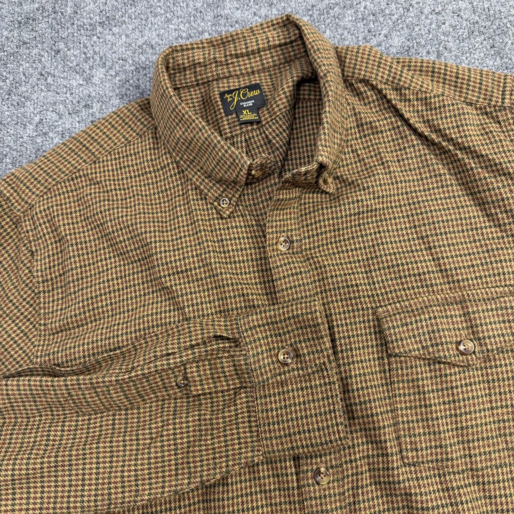 J.Crew Cashmere Blend Flannel Shirt Mens XL Brown Green Houndstooth Button Down